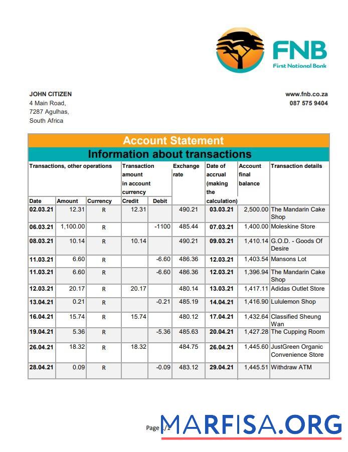 Printable South Africa FNB bank statement excel sample